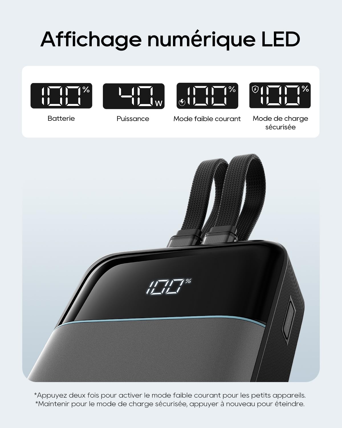 CUKTECH 40W 20000mAh Batterie Externe, Câble Intégré, Certifiée CCC & MFi