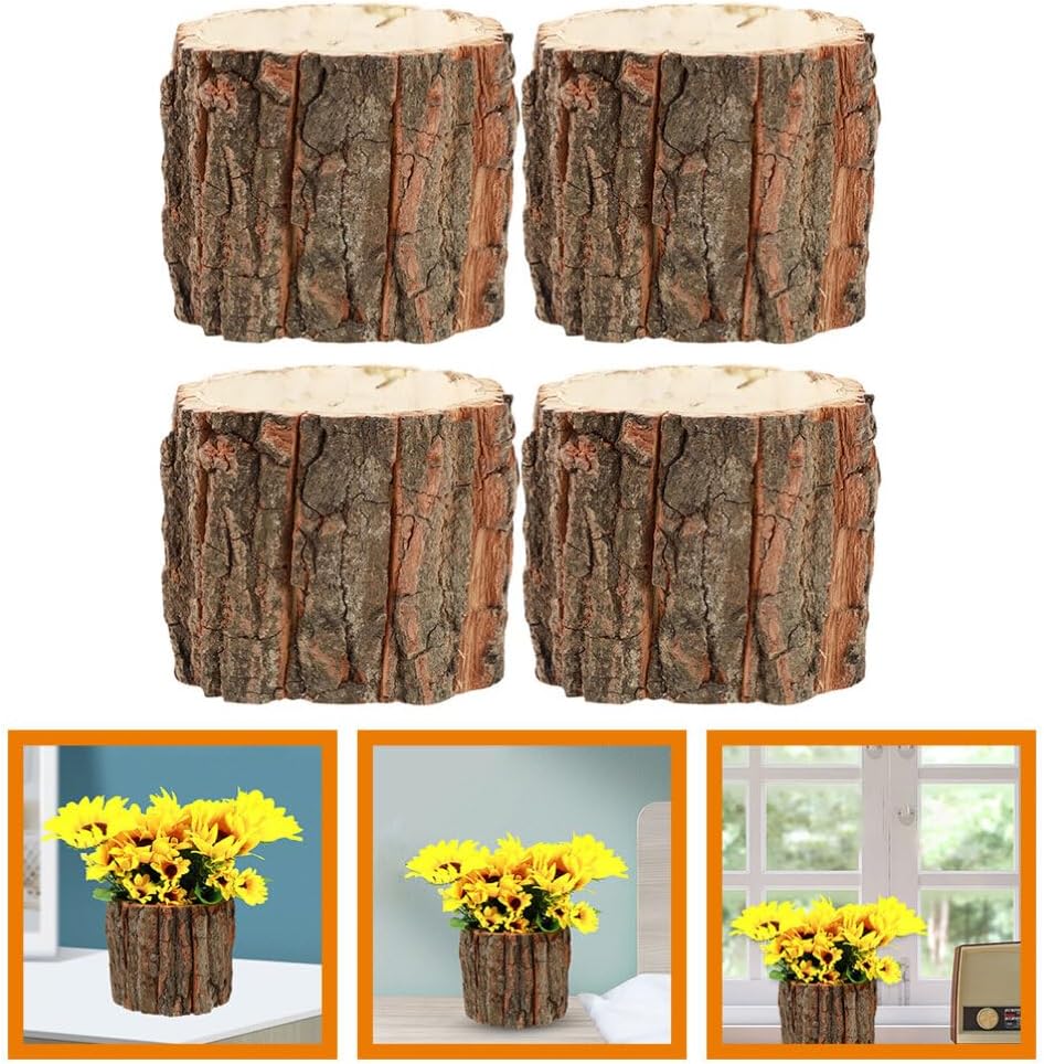 Cabilock 4Pcs Wooden Succulents Pot Stump Bucket Planter Plant Vase Container Rustic Planters Wooden Bucket for Outdoor Indoor Home Decor