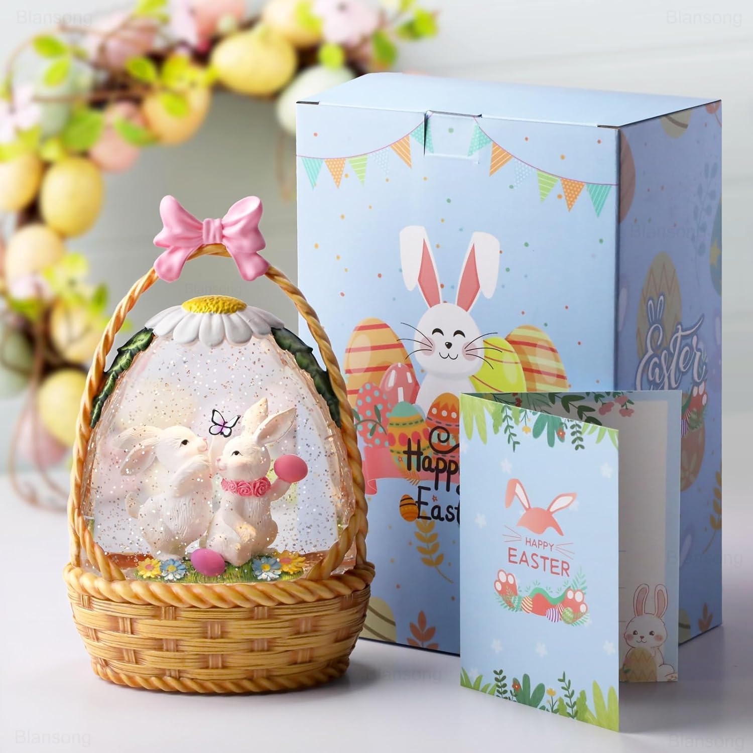 Easter Snow Globe Bunny Snow Globe Basket with Timer, USB and Battery Powered, Easter Decorations for Home Eggs Basket