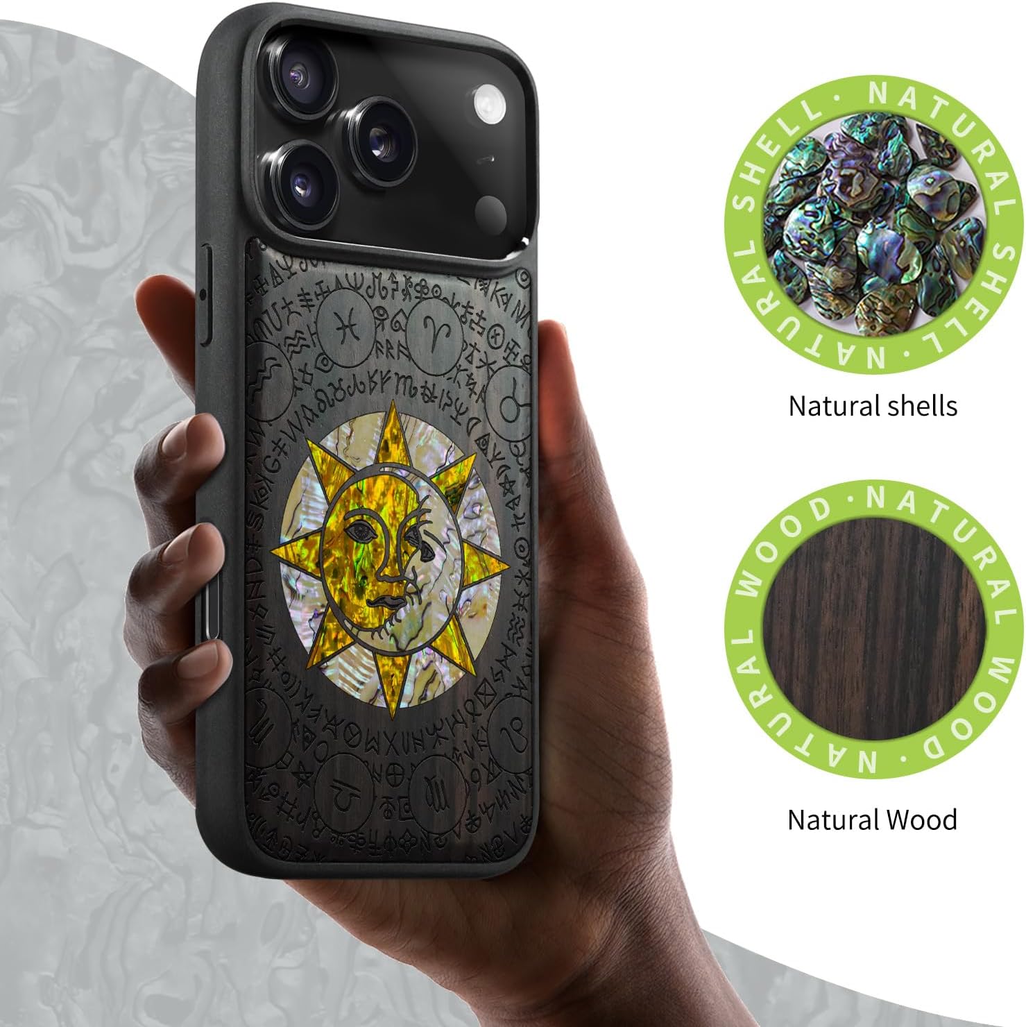Carveit Magnetic Case for iPhone 17 Pro Max Case, Wood Artisan Engraved & Handmade Shell Inlaid, TPU Shockproof Cover, Compatible with MagSafe Wireless Chargers (Sun and Moon God-Blackwood)