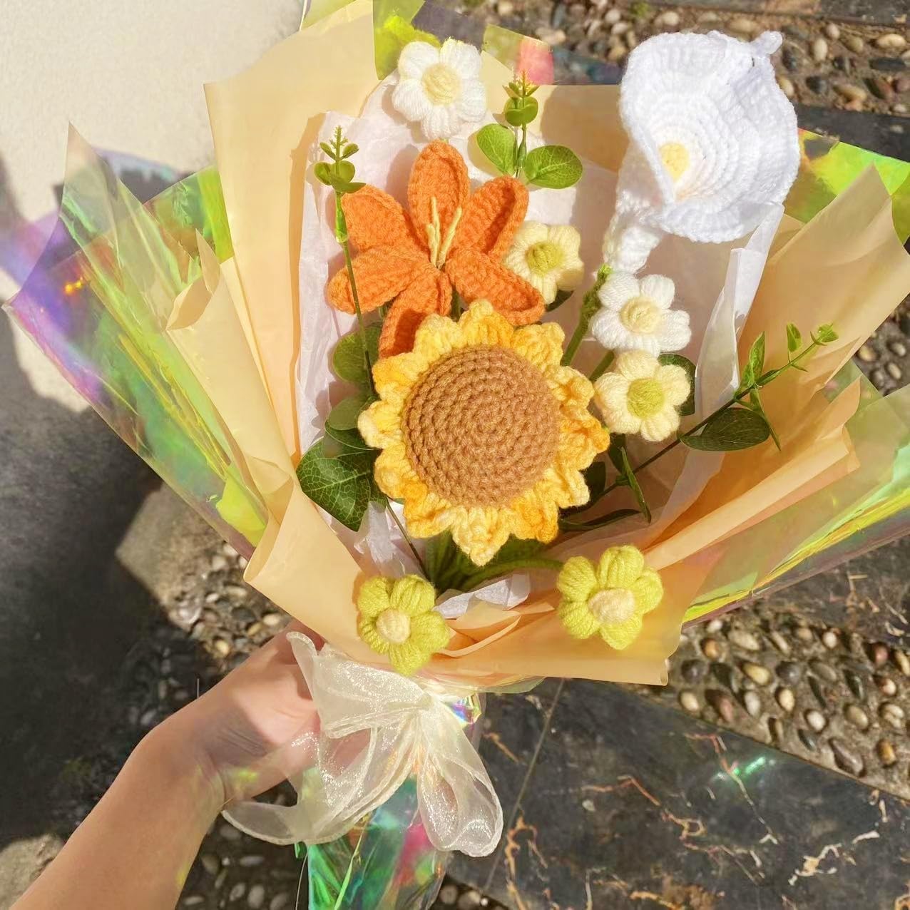 Sunflower Bouquet, 13.45in Artificial Plant, 100% Hand-Made Crochet Flowers, Premium Packaging for Mother's Day, Birthday, Wedding, Christmas, Thanksgiving Gift and Home Decor