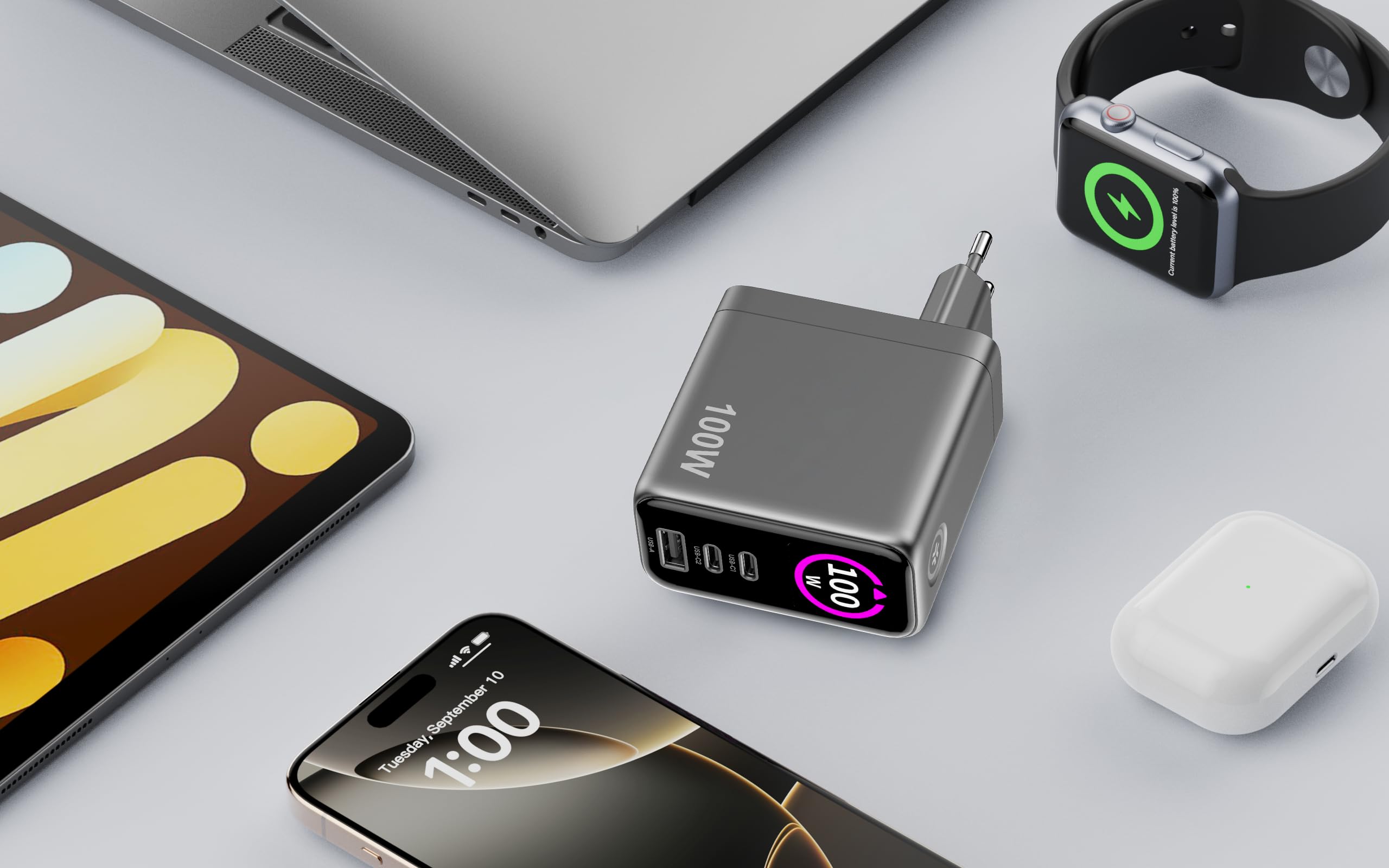 Celly - GaN Ladegerät 100 W mit LED-Display und 3 USB-C-/USB-A-Anschlüssen, ultraschnelles Aufladen für mehrere Geräte