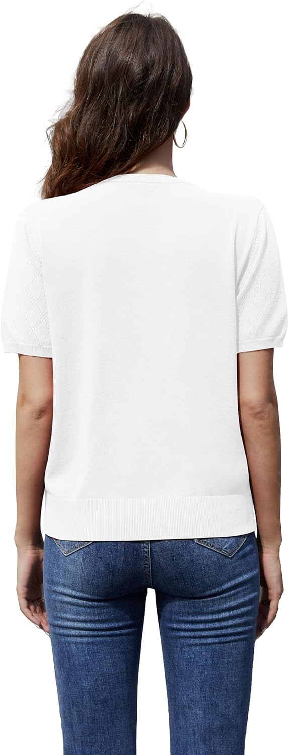 VIISHOW Women's Summer Lightweight Short Sleeve Cardigan Crochet Knit Shrug Open Front Crew Neck Button Up Casual Tops - Image 5