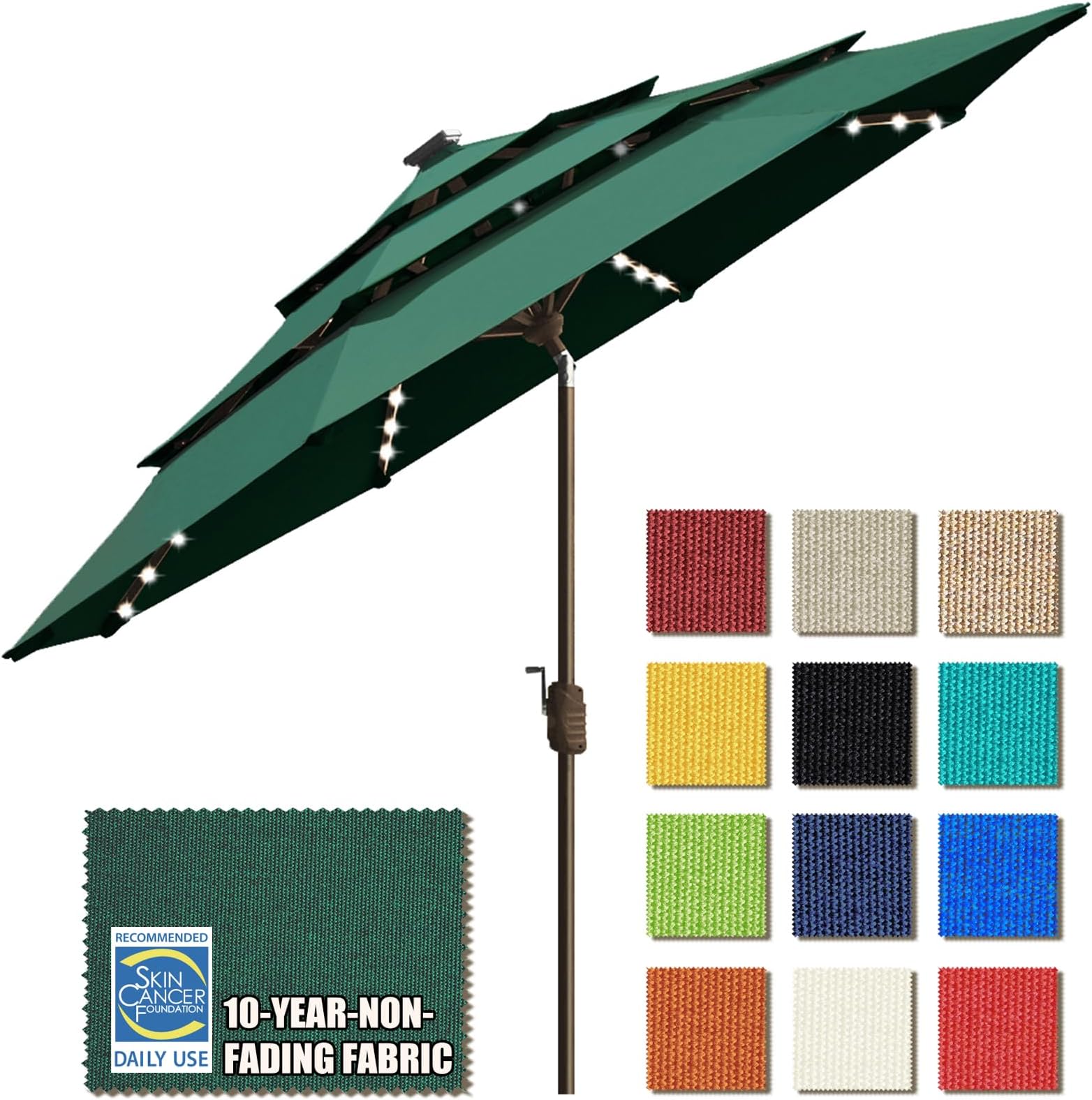 EliteShade USA 10-Year-Non-Fading Solar 9ft 3 Tiers Market Umbrella with 80 LED Lights Patio Umbrellas Outdoor Table with Ventilation（Forest Green）