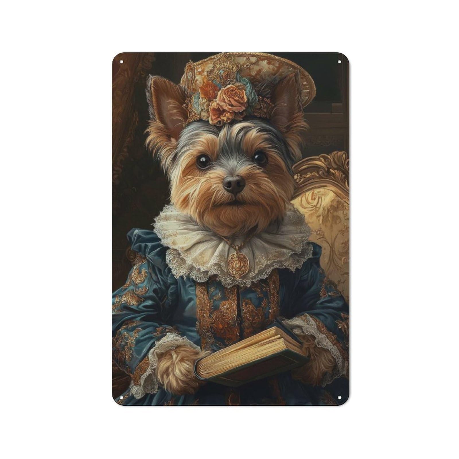Junmoney Yorkshire Terrier Renaissance Duchess Vintag For Garden Room Or Summerhouse, E Dog Painting Vintage Tin Sign 30X20cm, For Display In Garden Rooms And Summerhouses