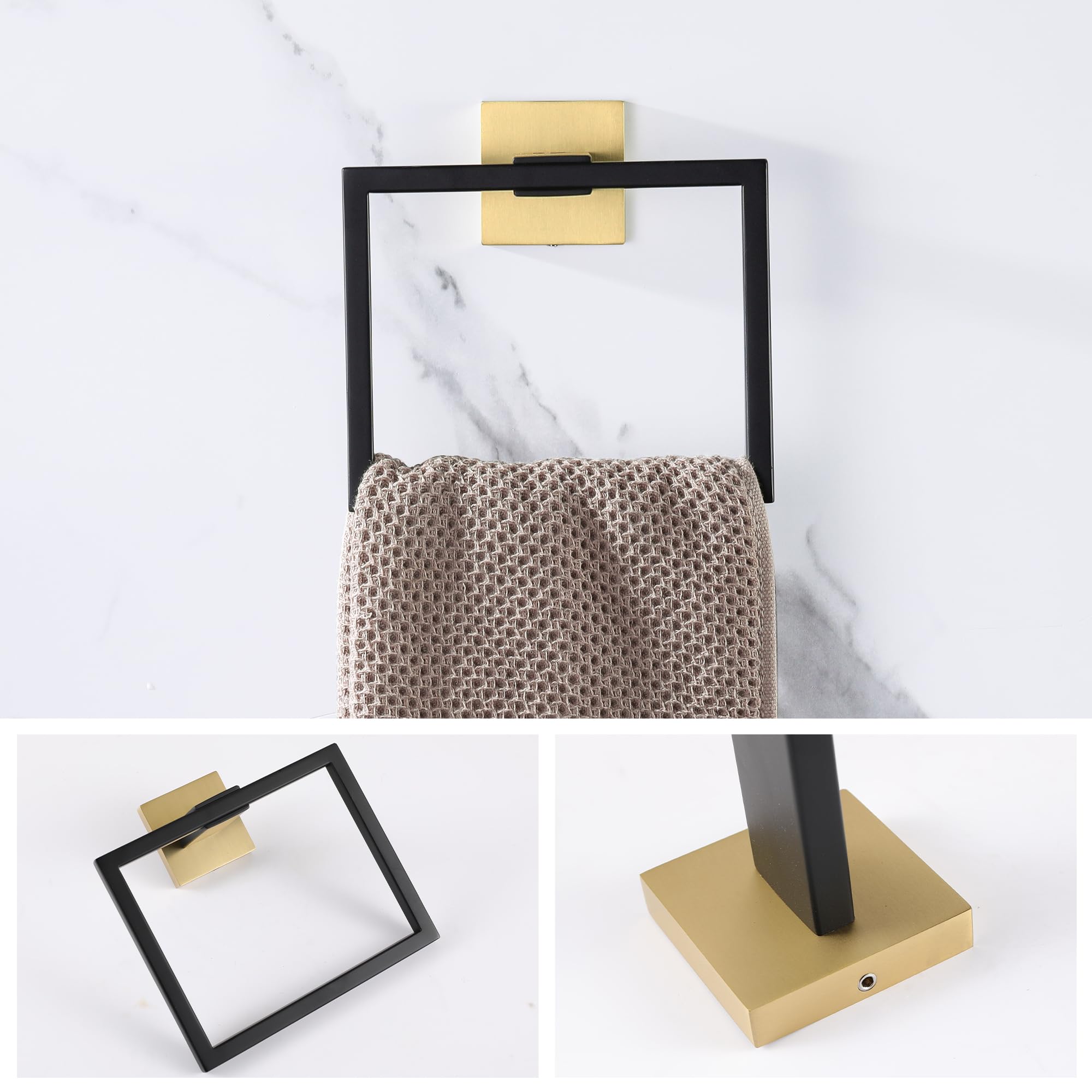 LANC Soporte para toallas de mano para baño, montaje en pared, color negro mate y dorado cepillado, cuadrado, para baño, lavabo SUS304, acero inoxidable, estilo moderno, toallero, perchero, A8896GK