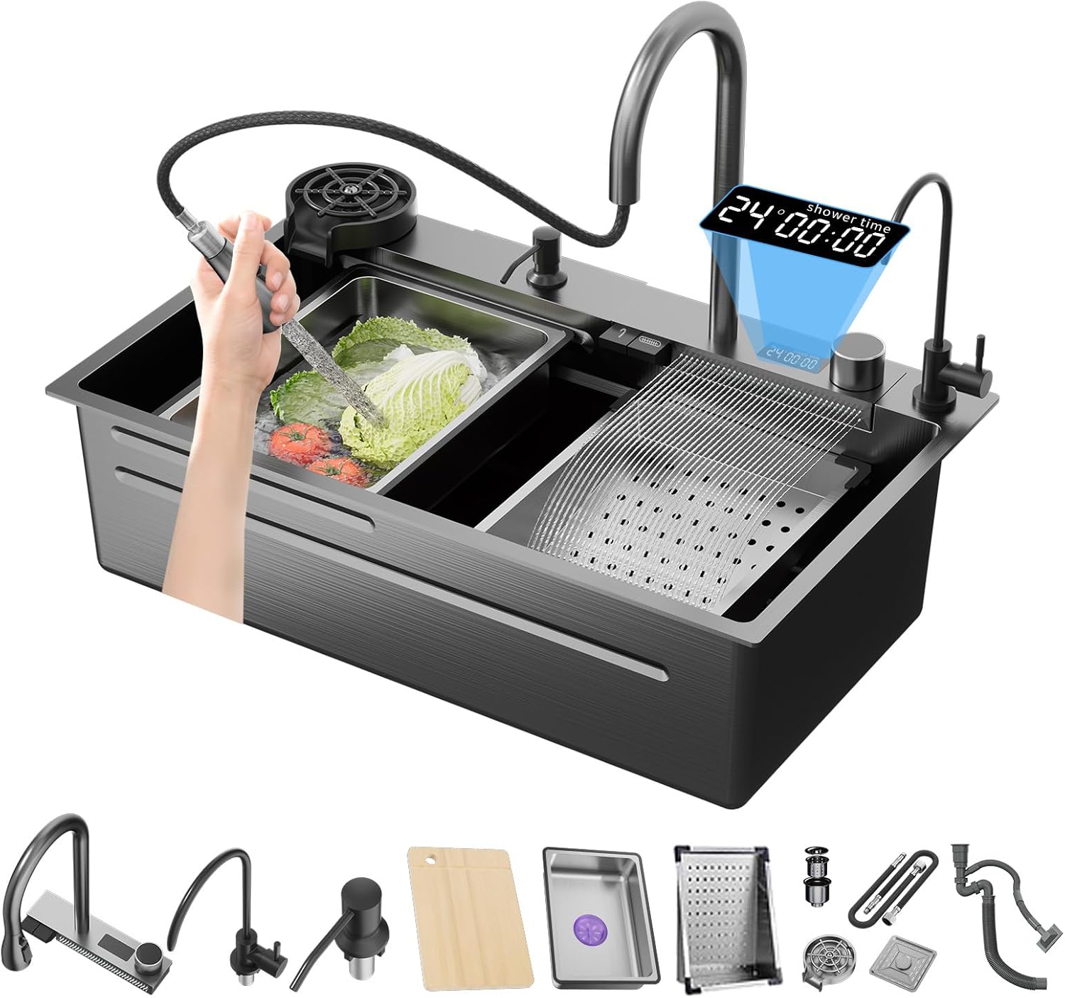 Poukaran BlackGrey Nano Kitchen Sink with Waterfall 29.5x18x9 Inch