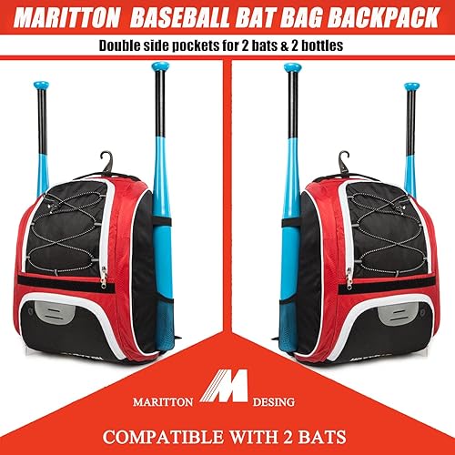 Miniatura 5 de MARITTON Bolsa de béisbol  Mochila de bate para béisbol, equipo de T-Ball y sóftbol para jóvenes y adultos con compartimento para zapatos y soporte