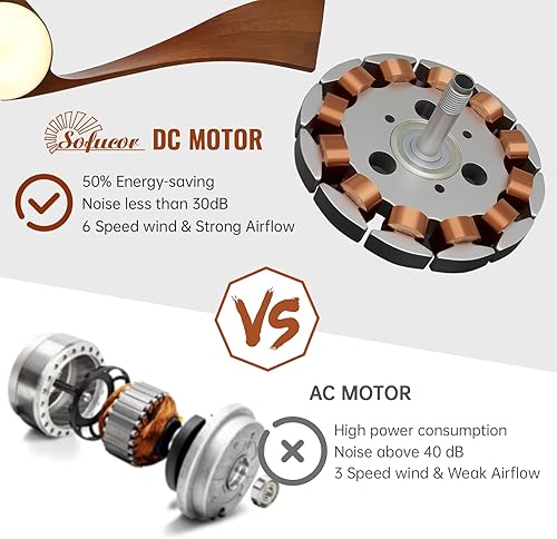 Miniatura 5 de Sofucor Ventilador de techo de madera de 52 pulgadas para interiores con luz y control remoto, ventilador de techo de 3 aspas reversibles para