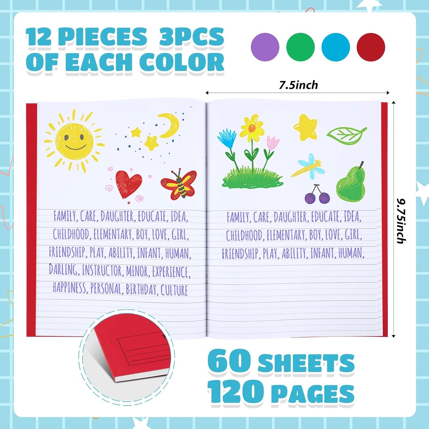 Henoyso 12 Pcs Primary Composition Notebooks for Teachers & Classrooms (Grades K–2) Colorful Writing Journals for Classroom, Homework & Homeschool Use, 120 Pages Each (Red,Green,Blue,Purple) - Image 2