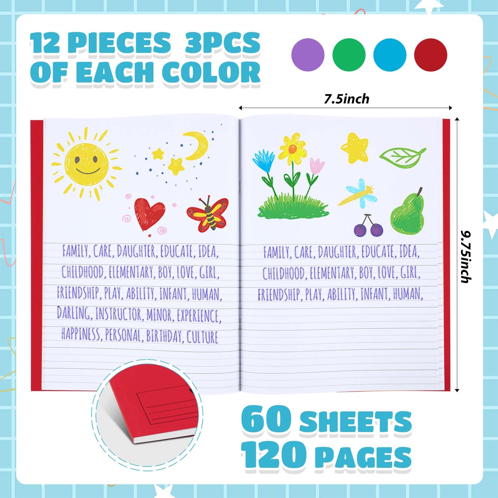 Henoyso 120 pagine, quaderni per composizione primaria, 22 x 19 cm, quaderni primari K-2, libri vuoti per bambini, per scrivere storie, quaderni per bambini all'asilo (rosso, verde, blu, viola, 12