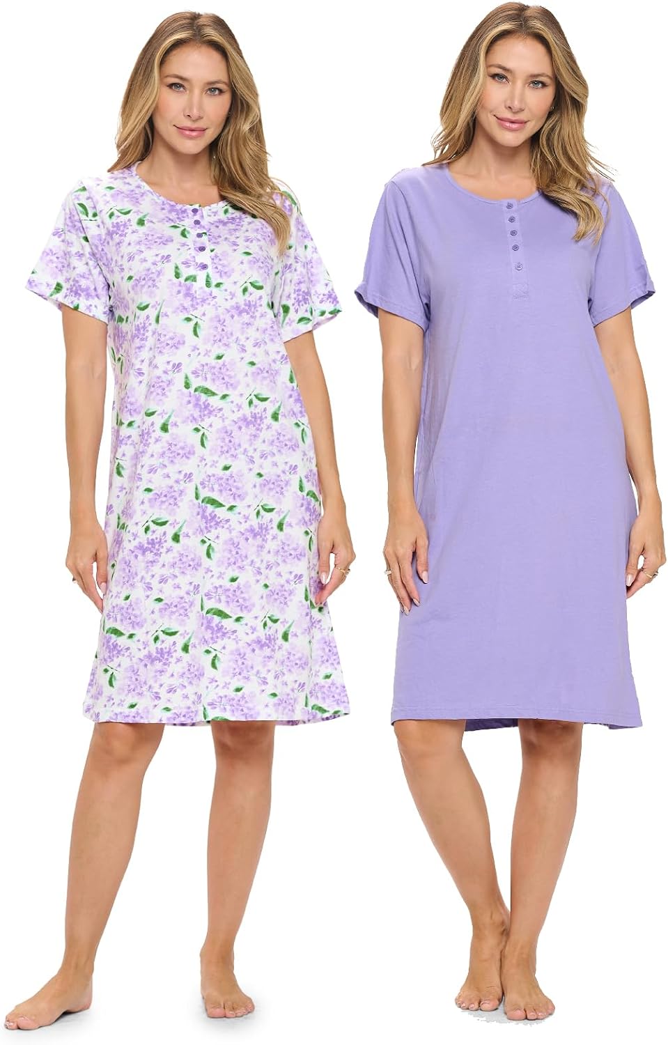 Casual Nights Women's Henley Nightshirts Set of 2, Floral Short Sleeve Nightgowns & Solid Sleepwear Shirt