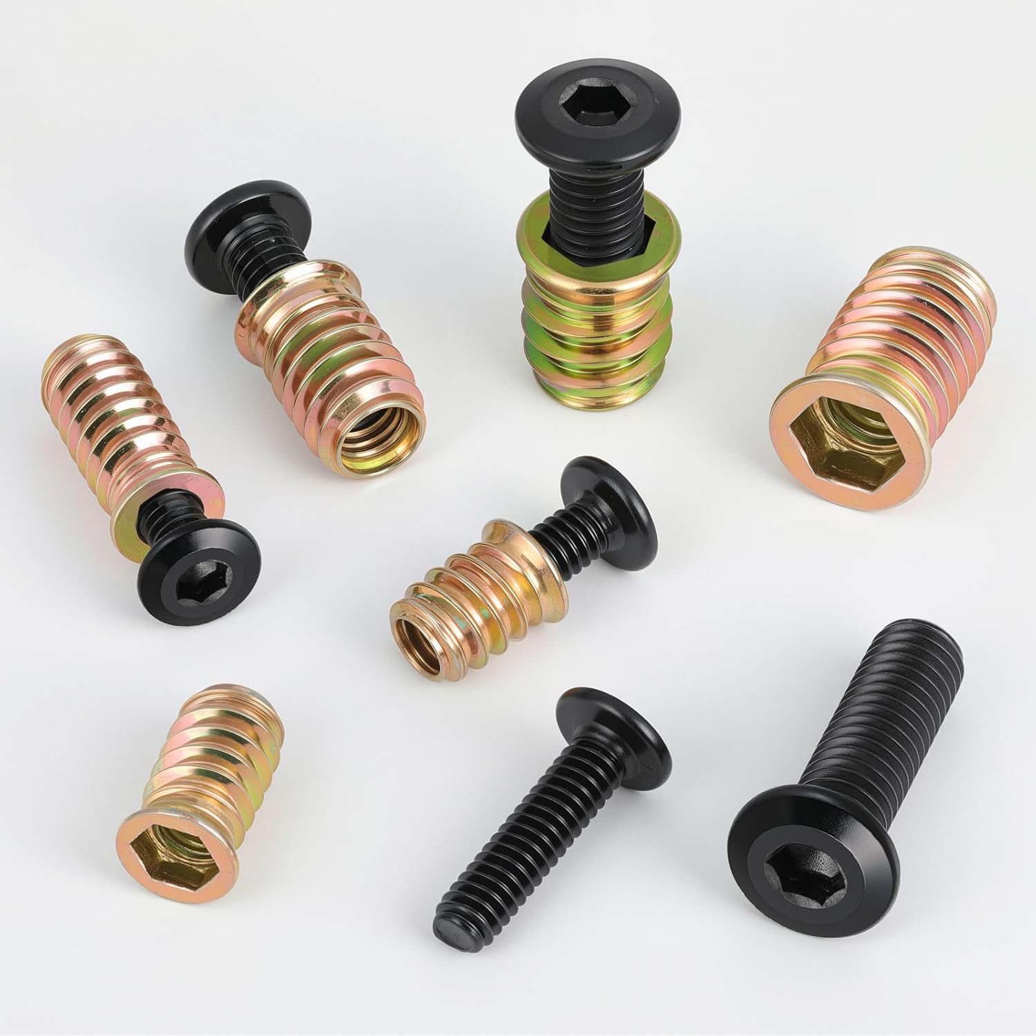 Threaded Inserts and Bolts Set, 40 Sets, 1/4-20 x 19/32" Threaded Inserts for Wood, 1/4-20 x 3/4" Furniture Screws, 1/4 Bolt Flat Head 304 Stainless Steel, Hex Socket Drive, 2Pcs Hex Wrench
