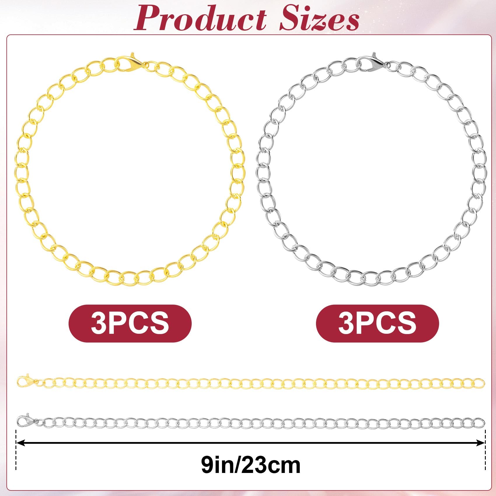 VARMDUKKE 6PCS Charm Bracelet Chain with Lobster Clasps, Gold Silver Alloy Chains for Jewelry Making, Bracelet Link Chains Bulk for Women for DIY Jewelry, Crafts, Daily Use