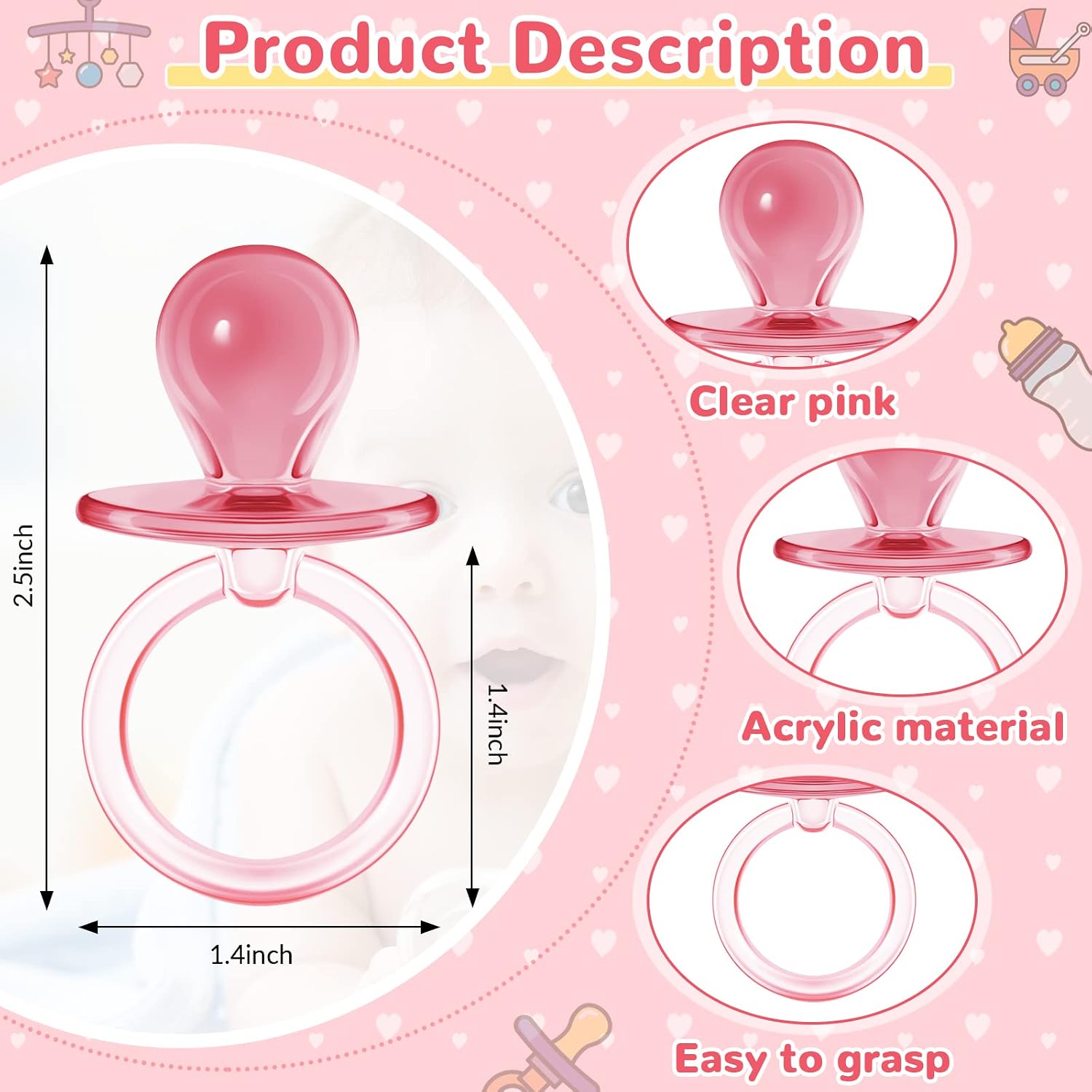Jetec 48 Pieces Acrylic Pacifiers for Baby Shower Games, Pink