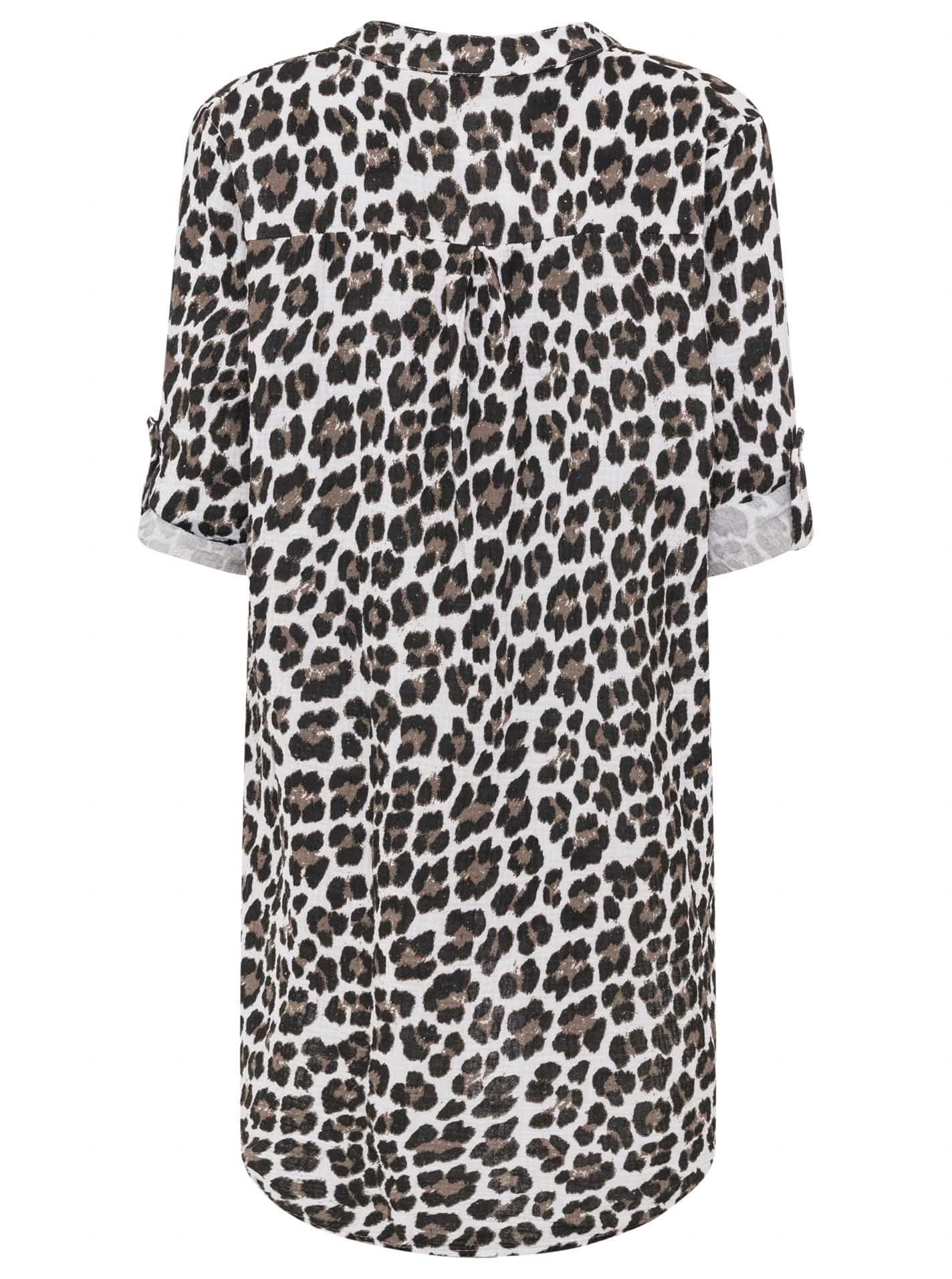 Zwillingsherz Damen Tunika aus 100% Baumwolle – Leichtes Sommer Blusenkleid mit Leo Print – Luftige Strandtunika mit V-Ausschnitt und 3/4 Arm – Lässiges Longshirt für Urlaub Freizeit Alltag
