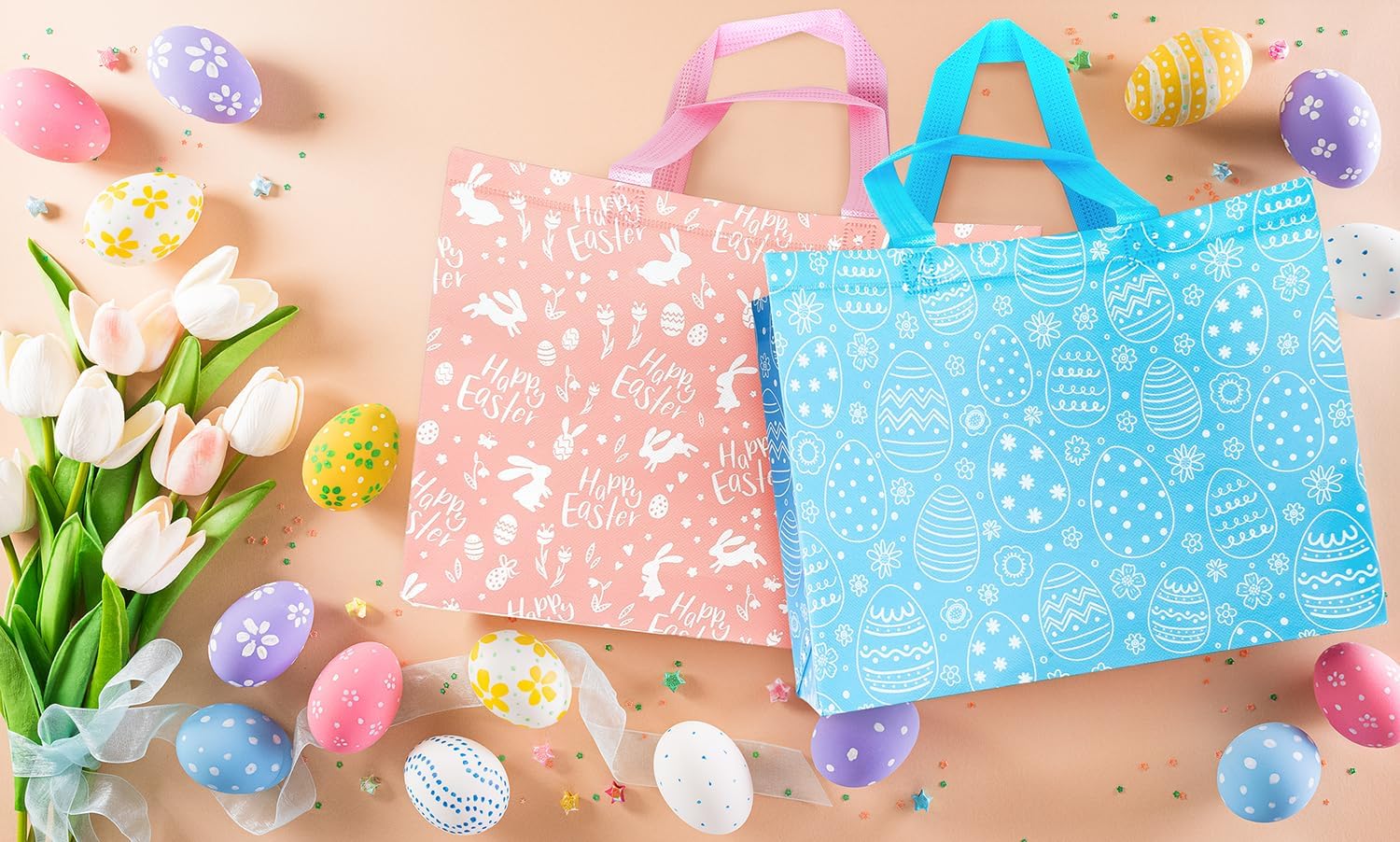XiaosRen 10Pack Large Happy Easter Gift Bags with Card, Envelope and Tissue Paper, Reusable Non-Woven Bag with Handles for Boys Girls Easter Party Supplies (Blue, Pink)