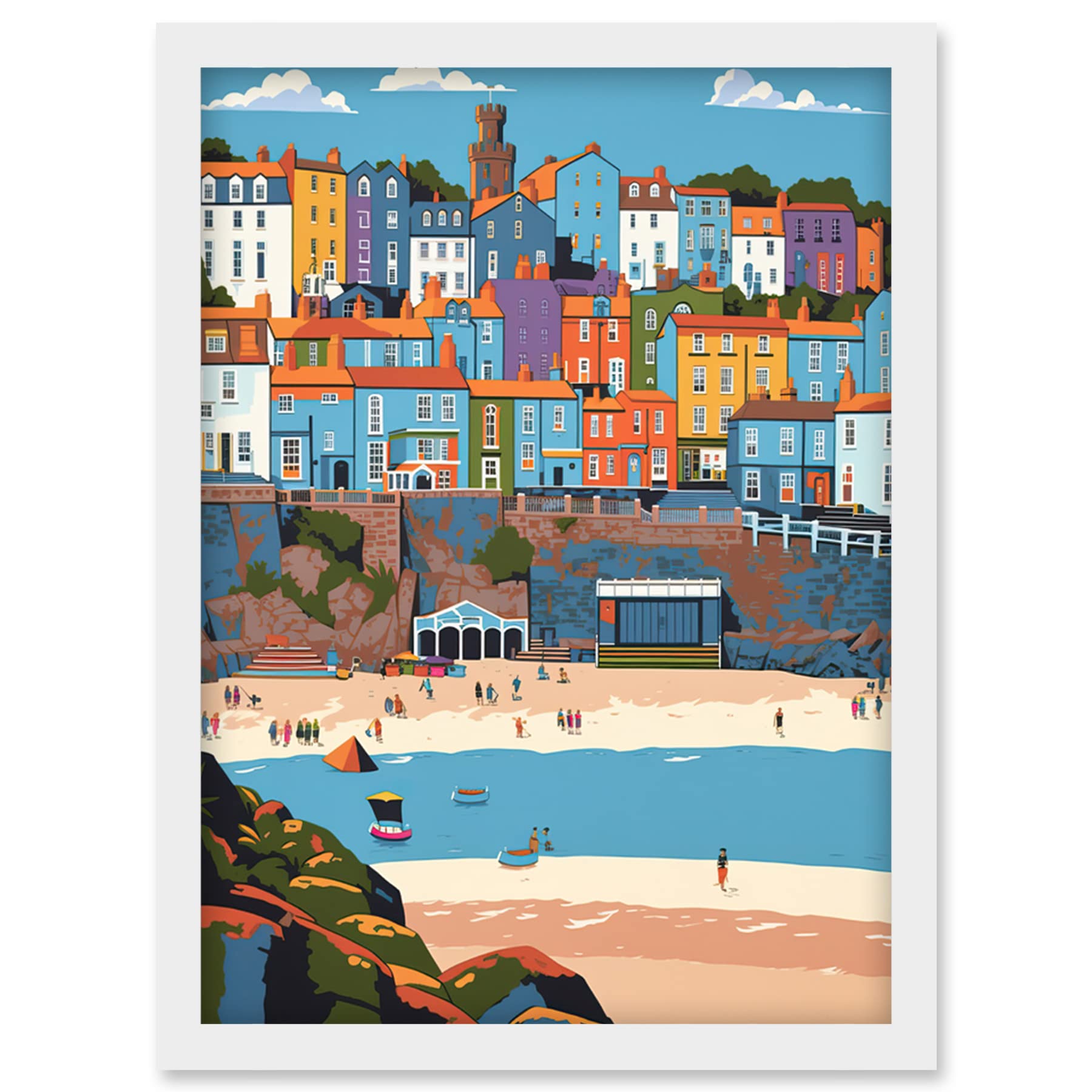 Artery8 Tenby Castle Beach in Wales Colourful Townscape Artwork Framed Wall Art Print A4