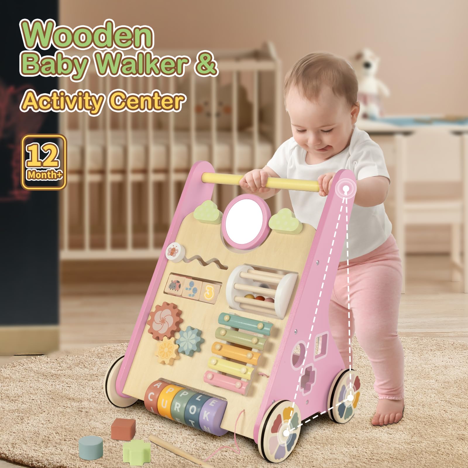 Baby Walker mit Rädern, Holz Push Walker Spielzeug für Babys 6-12 Monate, Baby Mädchen Walking Activity Spielzeug für 1 Jahr alt