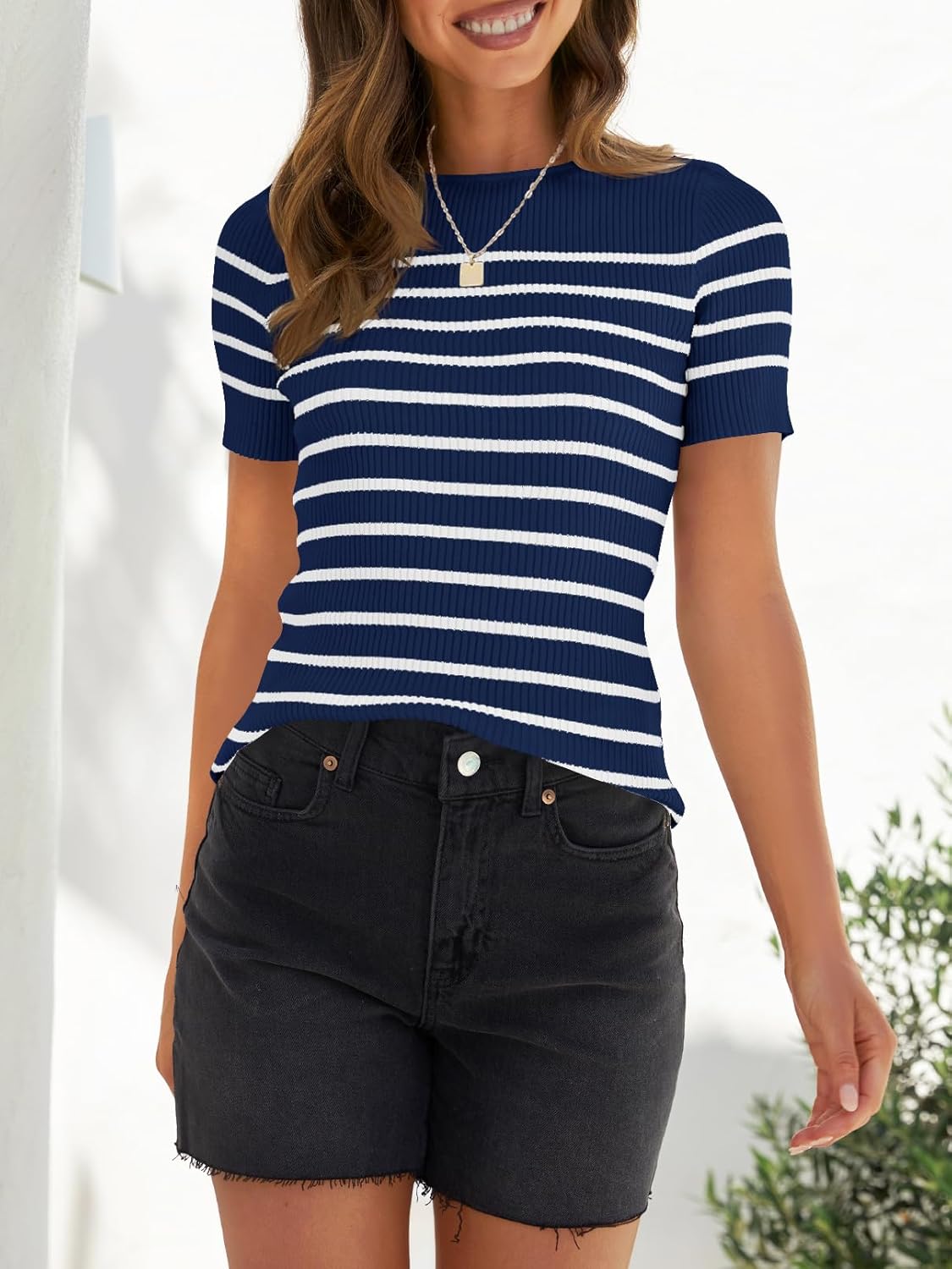 ZESICA Women's Short Sleeve Crewneck Striped T Shirt 2026 Summer Ribbed Knit Slim Fit Casual Basic Tee Tops - Image 5