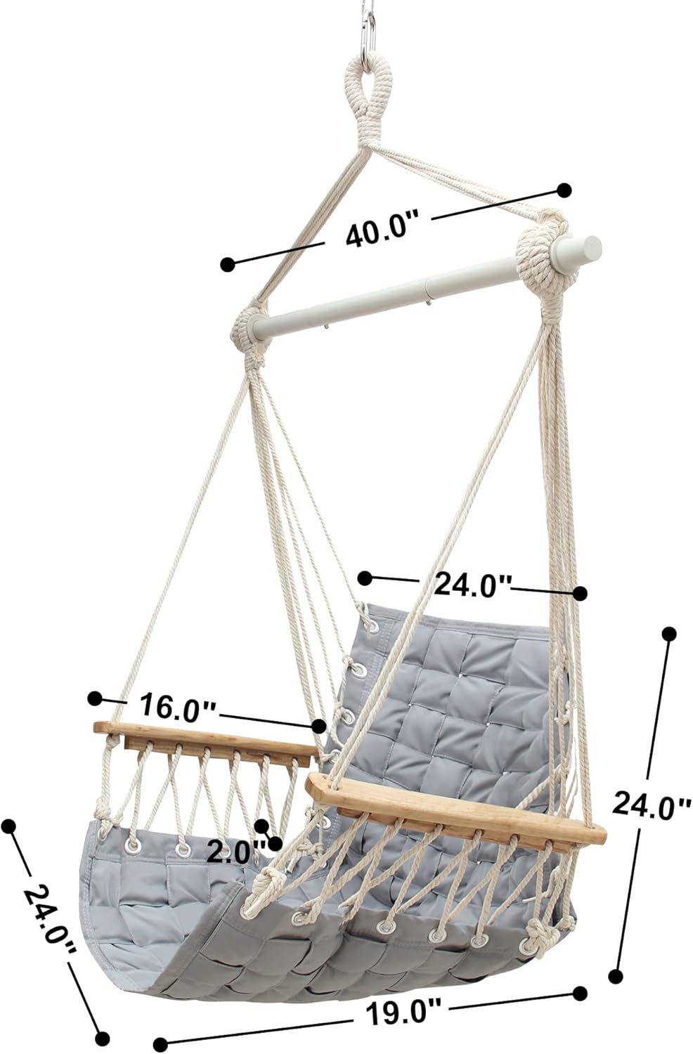 [Upgraded] Hammock Chair Hanging Swing with Wooden Armrests;Steel Spreader Bar and Anti-Slip Rings;Cotton Woven Fabric;Up to 300 Lbs for Bedroom,Patio,Porch,Deck-Indoor Light Grey - Image 3