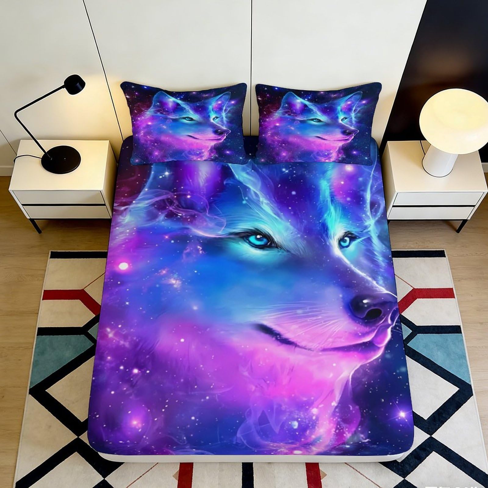 3D Printed Galaxy Wolf Fitted Sheet Microfiber Soft Breathable Nebula Mattress Cover for Bedroom Dorm Decor 120x200x25cm