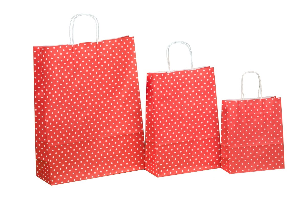 300 Kordel Papiertragetaschen Einkaufstüten aus Papier Geschenktüten mit Papierkordel Henkel Rot mit weißen Punkten Pünktchen Polka Dots Verschiedene Größen zur Auswahl (18+8x22cm)