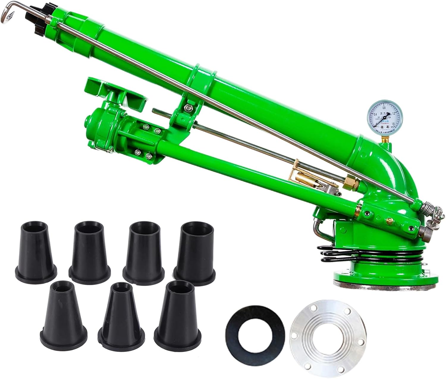 Farm Irrigation Sprinkler with Pressure Gauge, 2" Farm Irrigation Spray Gun, 360° Rotary Large Area Watering Spray, Flange Connection, for Farmland, Farm, Industrial Dust Removal