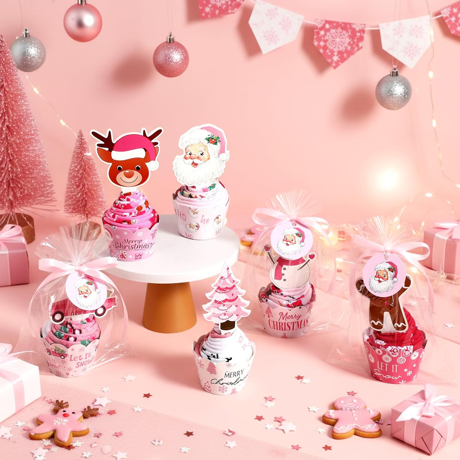 Foaincore 6 Pairs Pink Christmas Cupcake Socks for Women, DIY Christmas Socks Gifts with Cupcake Packaging, Xmas Pink Gifts with Greeting Card for Women Girls Mother - Image 3