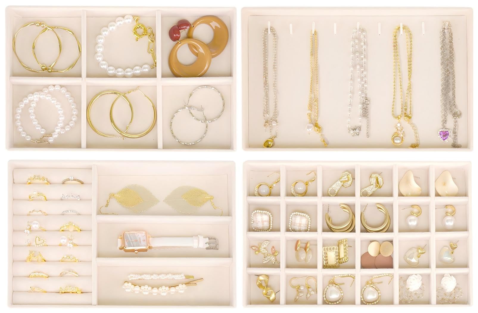 Stackable Jewelry Trays Organizer for Drawer, 4 Set of Jewelry Organizers and Display Case Storage, Velvet Drawer Inserts Organizer for Necklace Bracelets Earrings Organizer-4 Set , Gift For Her,Beige
