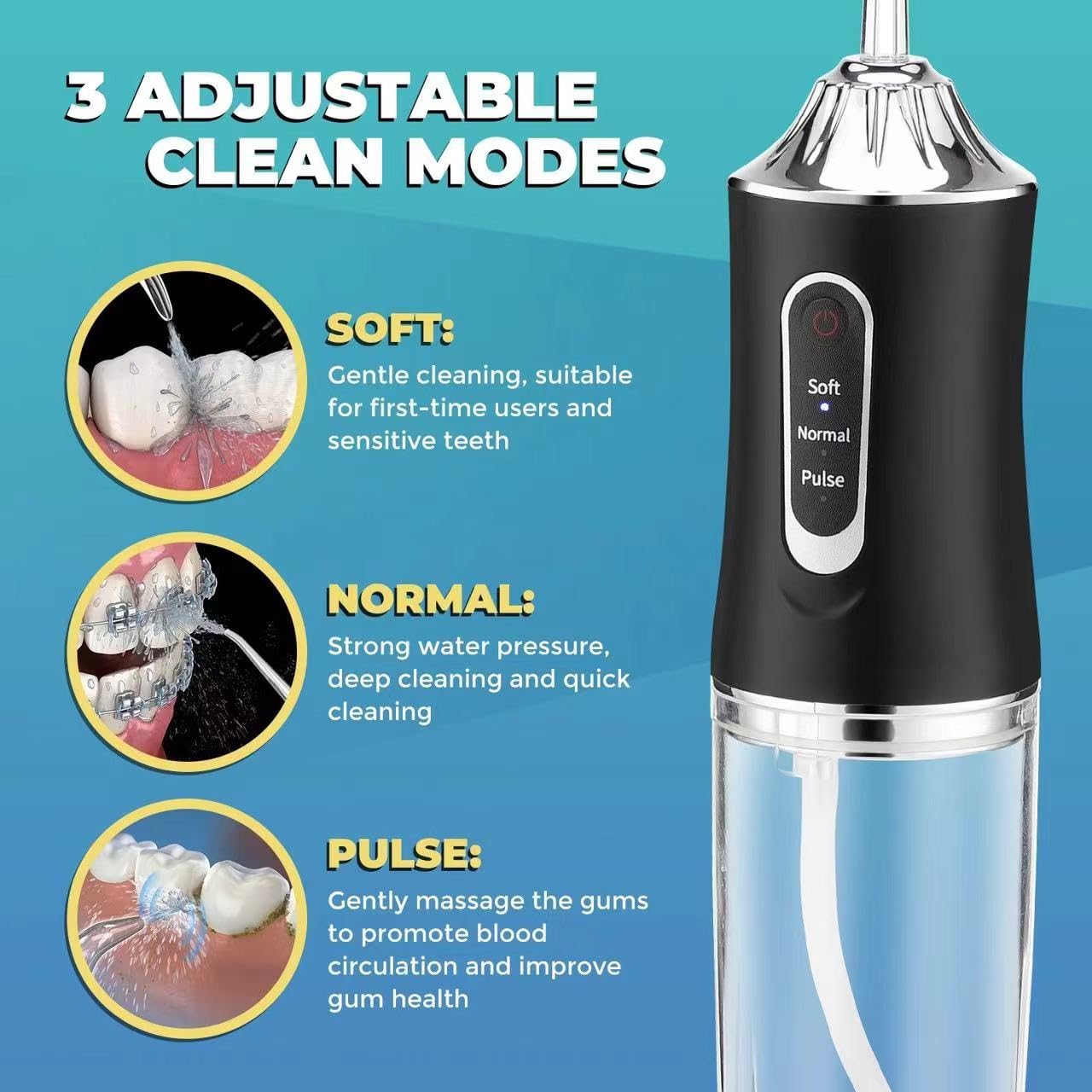 Irrigador dental de agua, portátil, inalámbrico, recargable, limpiador de riego de viaje, 3 modos, 4 chorros, IPX7, impermeable, eléctrico (negro)