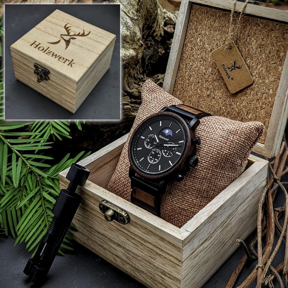 Holzwerk Germany Ręcznie wykonany designerski zegarek męski ekologiczny naturalny drewniany zegarek chronograf bransoletka zegarek analogowy zegarek kwarcowy brązowy czarny niebieski srebrny z fazą