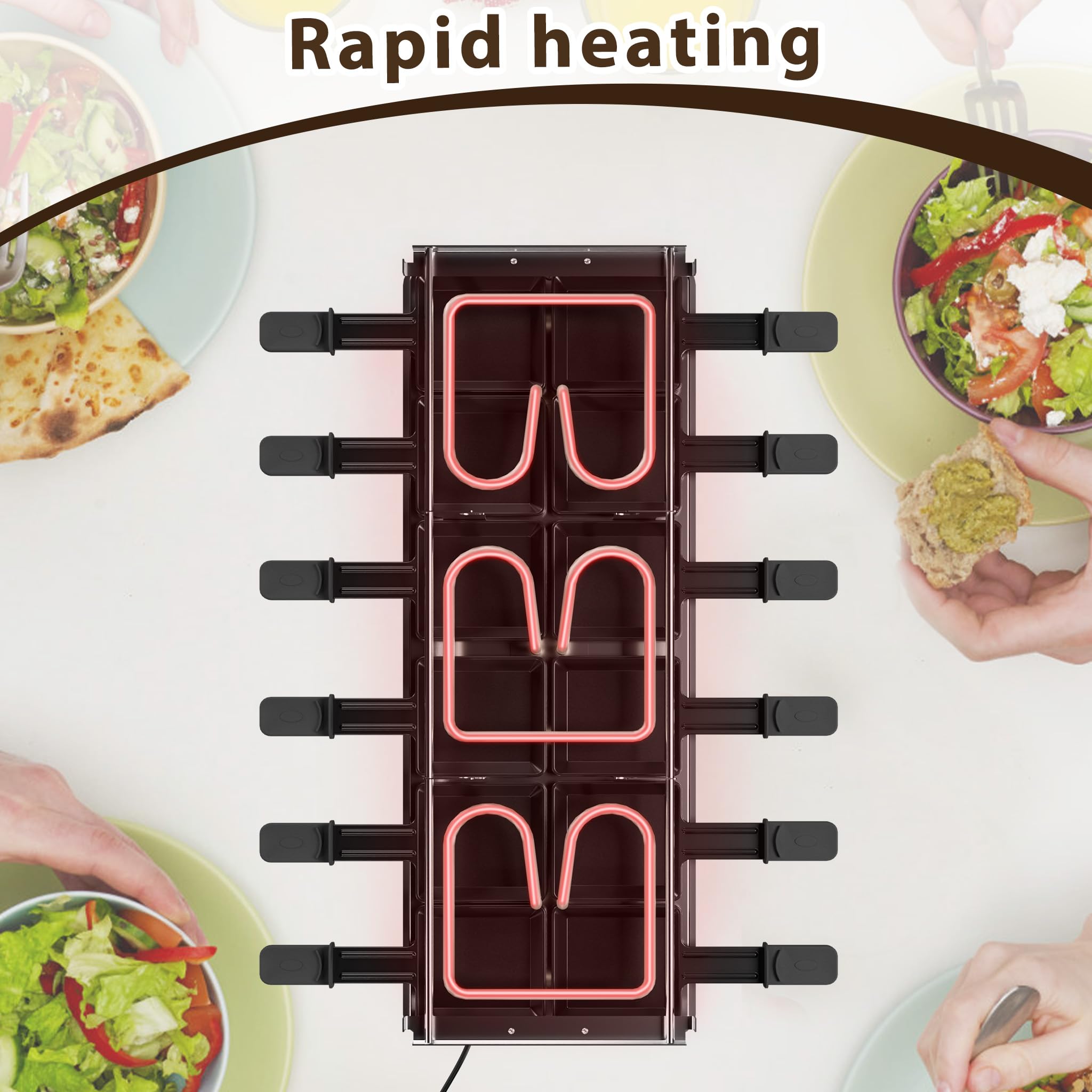 LZQ Raclette Grill mit Fondue für 12 Personen, 1650W, Doppel- und Dreifach-Heizstufen, Naturgrillstein & Antihaft-Grillplatte, Tischgrill mit 12 Pfännchen, Fondue-Set, Elektrischer Partygrill