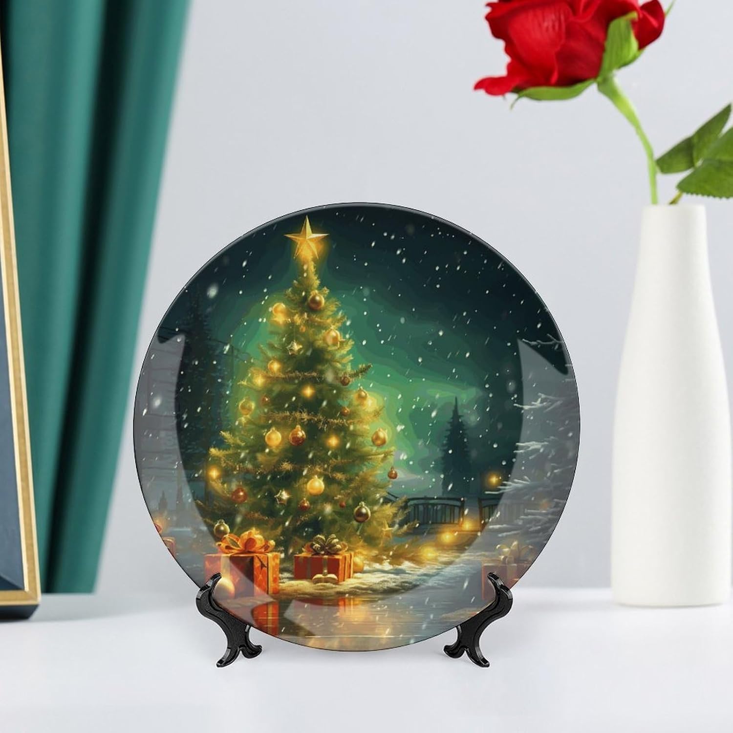 Christmas Trees Bone China Decorative Plate with Display Stand, Ceramic Ornaments Plate for Wall Hanging, Personalized Porcelain Plates for Office, Living Room 8inch