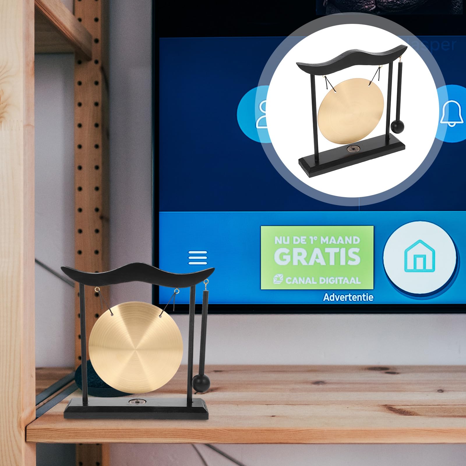 CALLARON Pequeño Gong Decorativo de Cobre y Madera para Oficina y Sala de Estar, Elegante y Confiable Objeto Decorativo Zen para Centros de Mesa