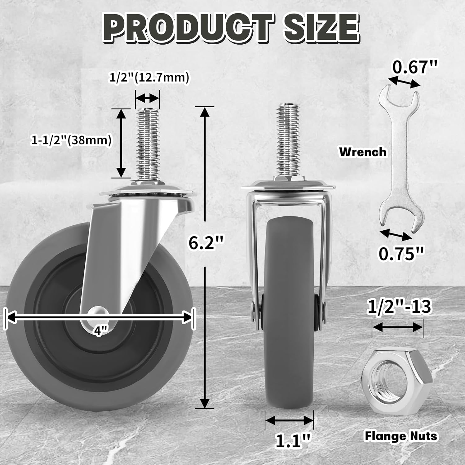Besitu 4 Inch Caster Wheels, 1/2"-13 Inch Course Threaded Stem Caster Set of 4, Heavy Duty TPR Swivel Caster Wheels for Dolly Cart, Wire Shelving Industrial Screw in Casters