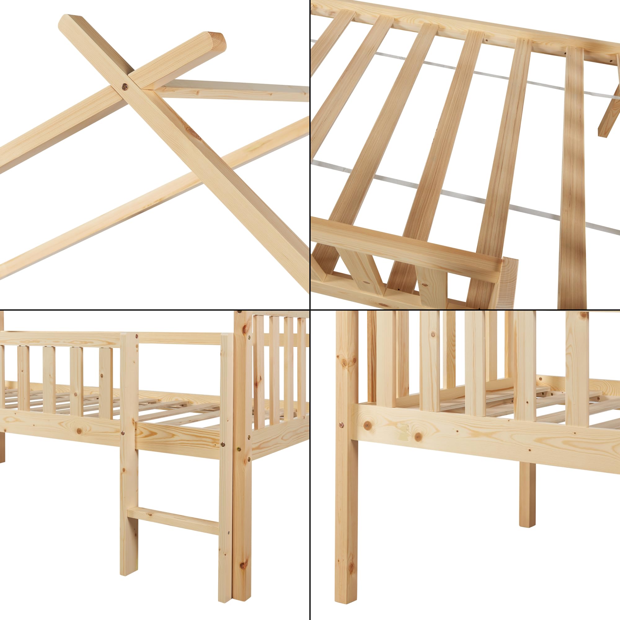 [en.casa] Kinderbett Sotkamo Hausbett 90 x 200 cm Holzbett für Kinder mit Rausfallschutz und Leiter Bettgestell aus Kiefernholz Natur