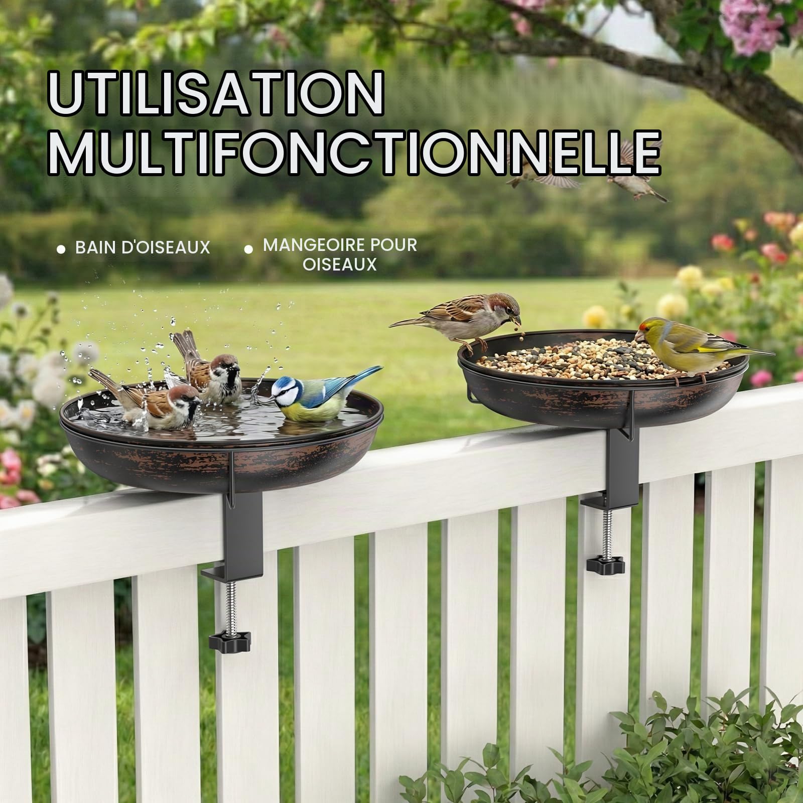 WELDUN Bain d'oiseaux suspendu pour balustrade de balcon, diamètre : 26 cm, en métal, grande capacité, antique, pour oiseaux sauvages, résistant à l'hiver, bronze vintage