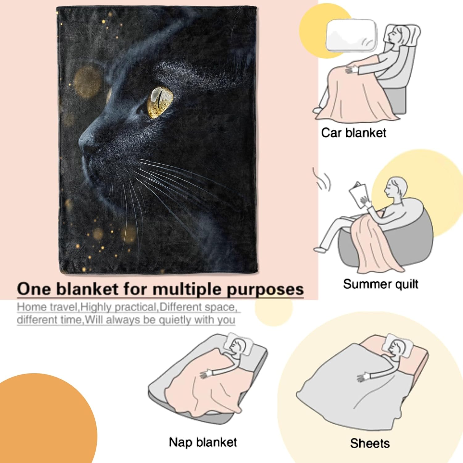 Black Cat Blanket Mysterious Kitten Theme Throw Blankets with Glowing Golden Eyes Lightweight Flannel Throws for Camping Couch Chair Office Bed Home Decor Gifts for Adults,60x50inch - Image 3