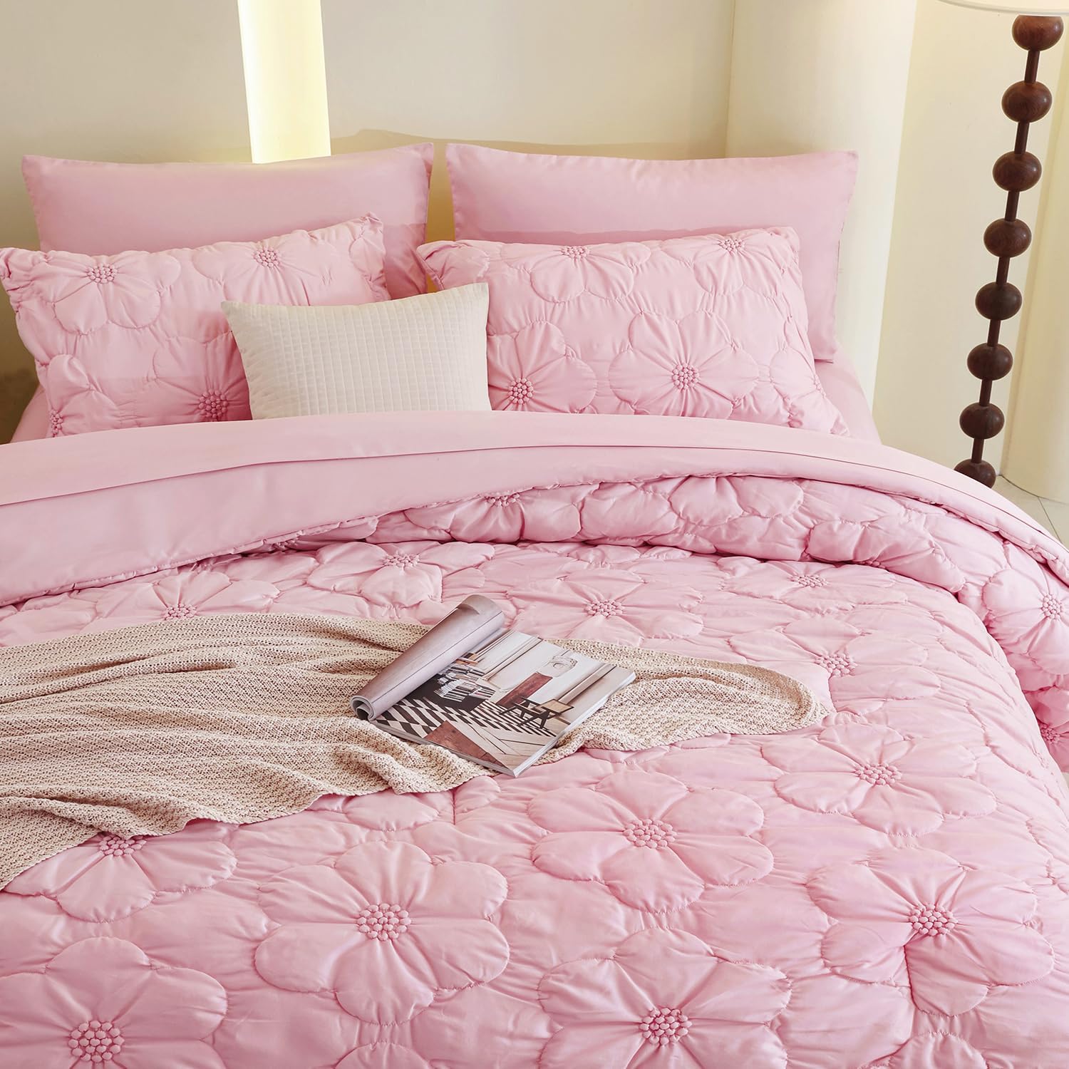 Pink King Comforter Set,7 Pieces Pintuck Comforters,Floral Ruched Bedding Set,Exquisite Bedding Comforter Set for All Season with Comforter,Flat Sheet,Fitted Sheet and Pillowcases & Shams(104"x90")