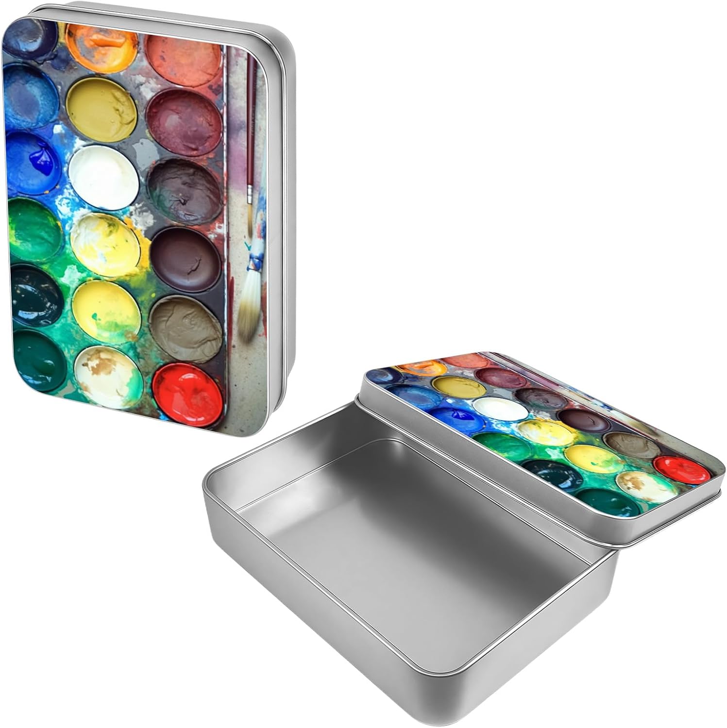 Art Paint Box Metal Tin Box, 4.53x3.35x0.86 Inches Rectangular Empty Silver Storage Container with Lid – Small Home Organizer, Gifts, Candy, Crafts, Jewelry, Sewing Kits, Cookie Box