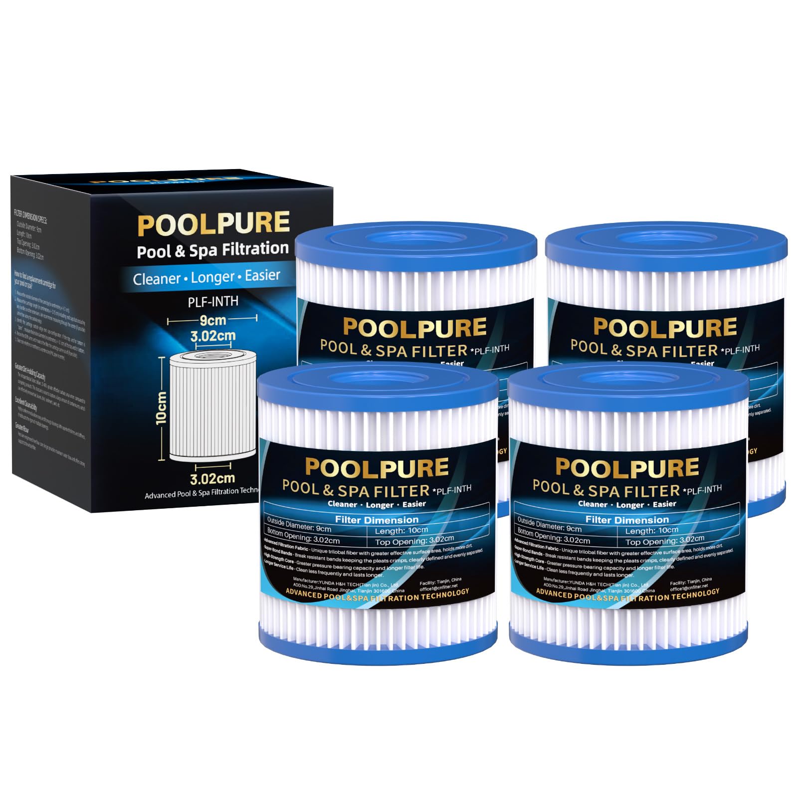POOLPURE 4 Unidades Cartuchos Filtro Tipo H 29007 - Filtro De Repuesto Alto Rendimiento para Bombas Filtro (Modelos 28601, 28602) - Papel Filtro Poroso Fino para Agua De Piscina Cristalina | FILTRACIÓN DE 50 MICRAS,TEJIDO TRILOBAL