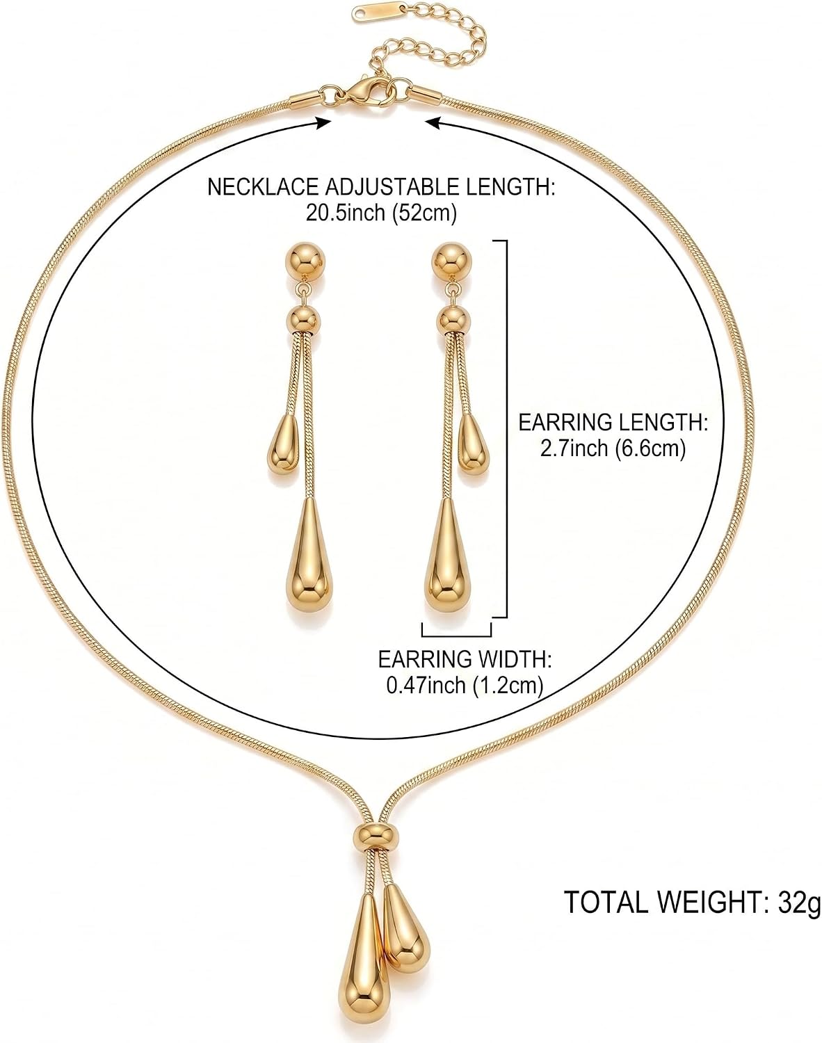 Gold Plated Teardrop Jewelry Set for Women Hypoallergenic Minimalist Adjustable Necklace Earrings Set Elegant Gift for Valentine Daily Wear