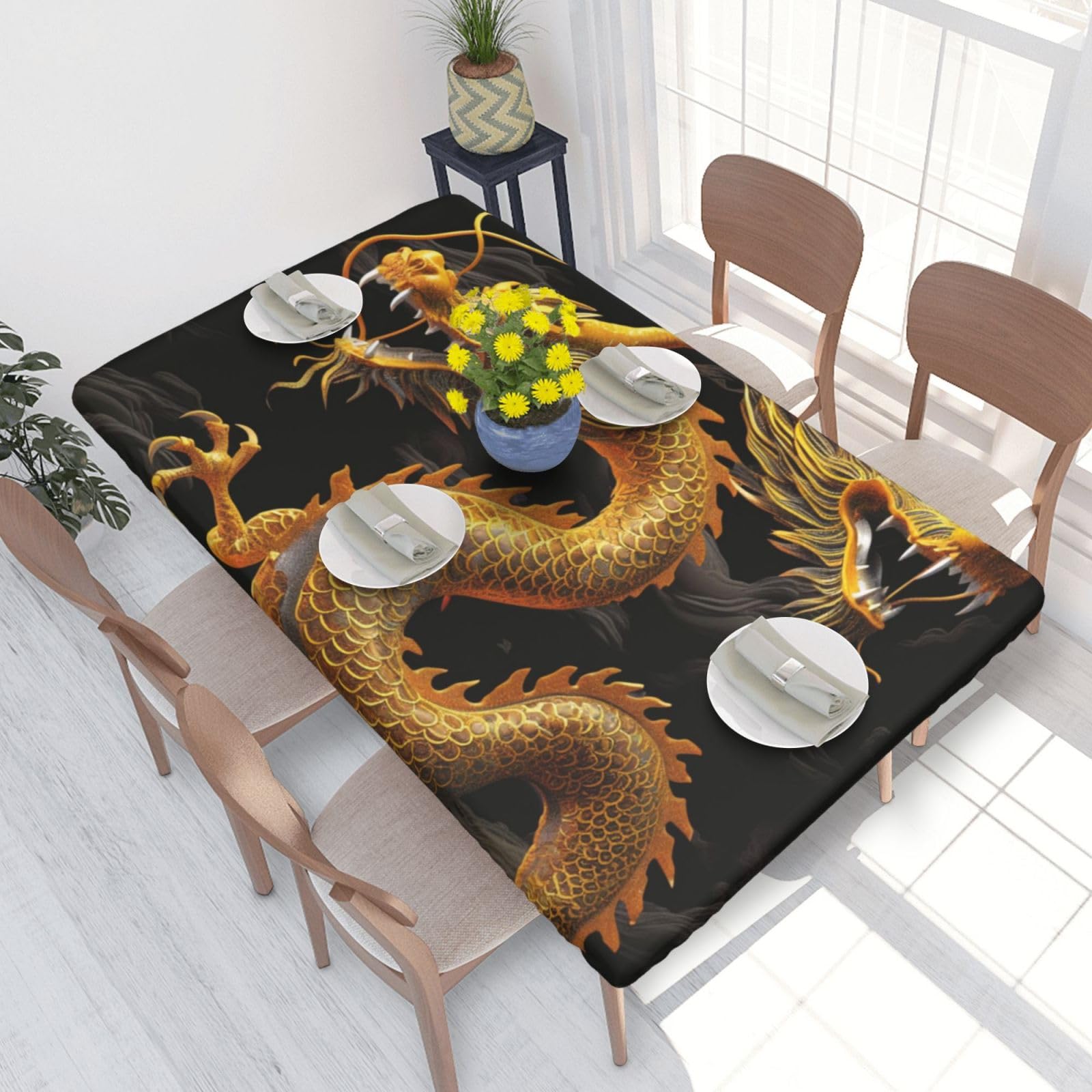 DCARSETCV Yellow Dragon Black Background Printed 4FT Waterproof Tablecloth with Elastic Edged Protect & Decor Your Table, Oil-proof Washable Table Cloth Cover for Dinner Picnic Party