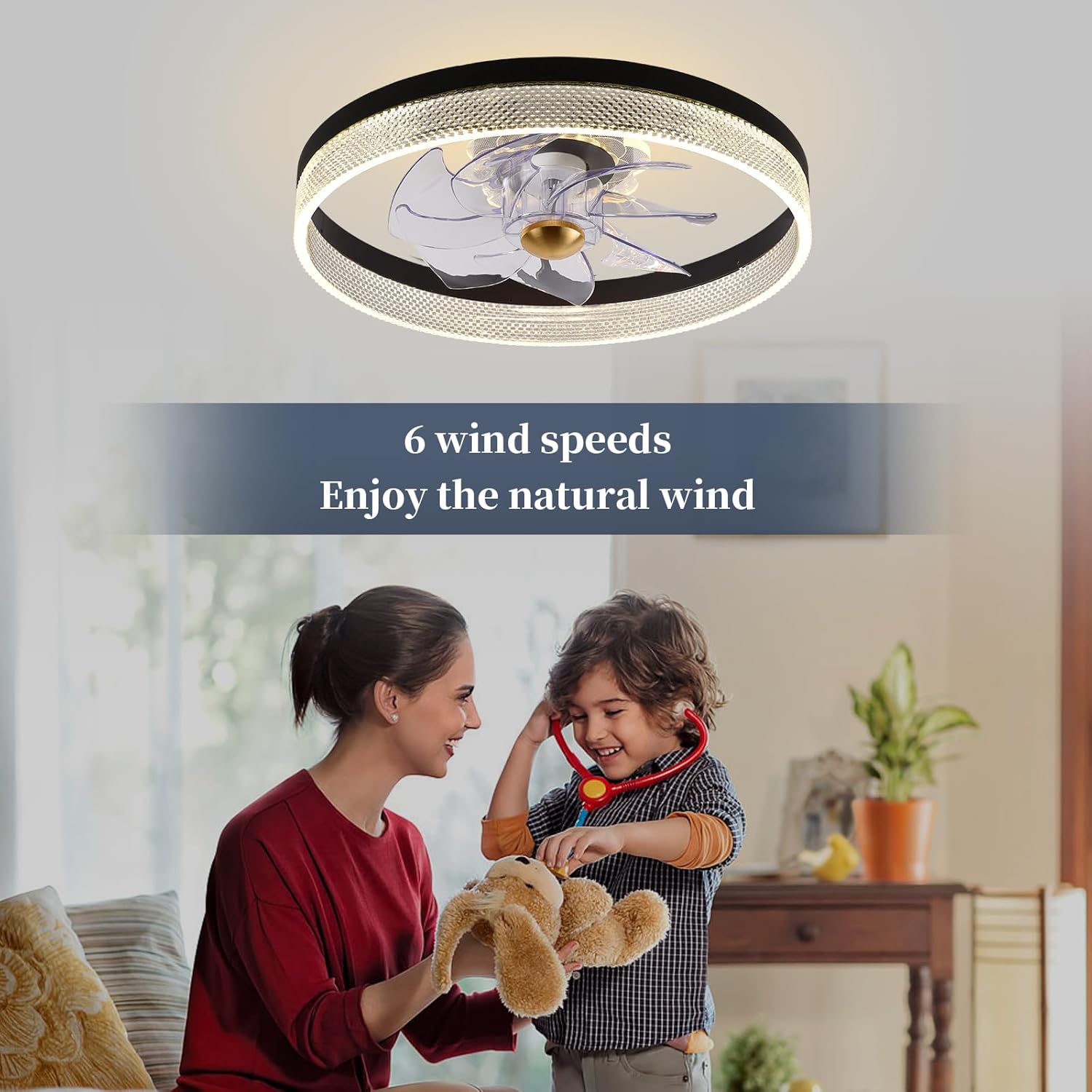 Image showing the ceiling fan in a bedroom setting, highlighting its ultra-quiet operation (less than 30dB) and listing features like brightness adjustment, light color adjustment, fan speed settings, smart device control, reverse function, timing function, quick install, and easy clean.