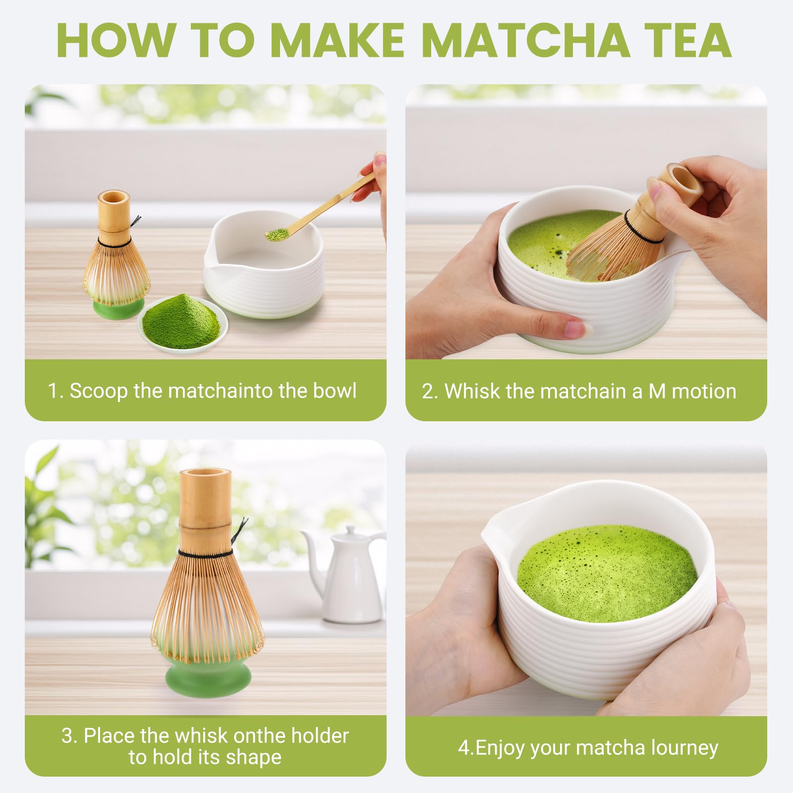 USHOP Matcha Kit 8 pezzi,Set da tè Matcha,Ciotola Matcha con beccuccio,Matcha Whisk,Supporto Chasen,Cucchiaio di Matcha,Setaccio,Tovagliolo da Tè,Portacucchiaio,Set Matcha per Principianti Regalo