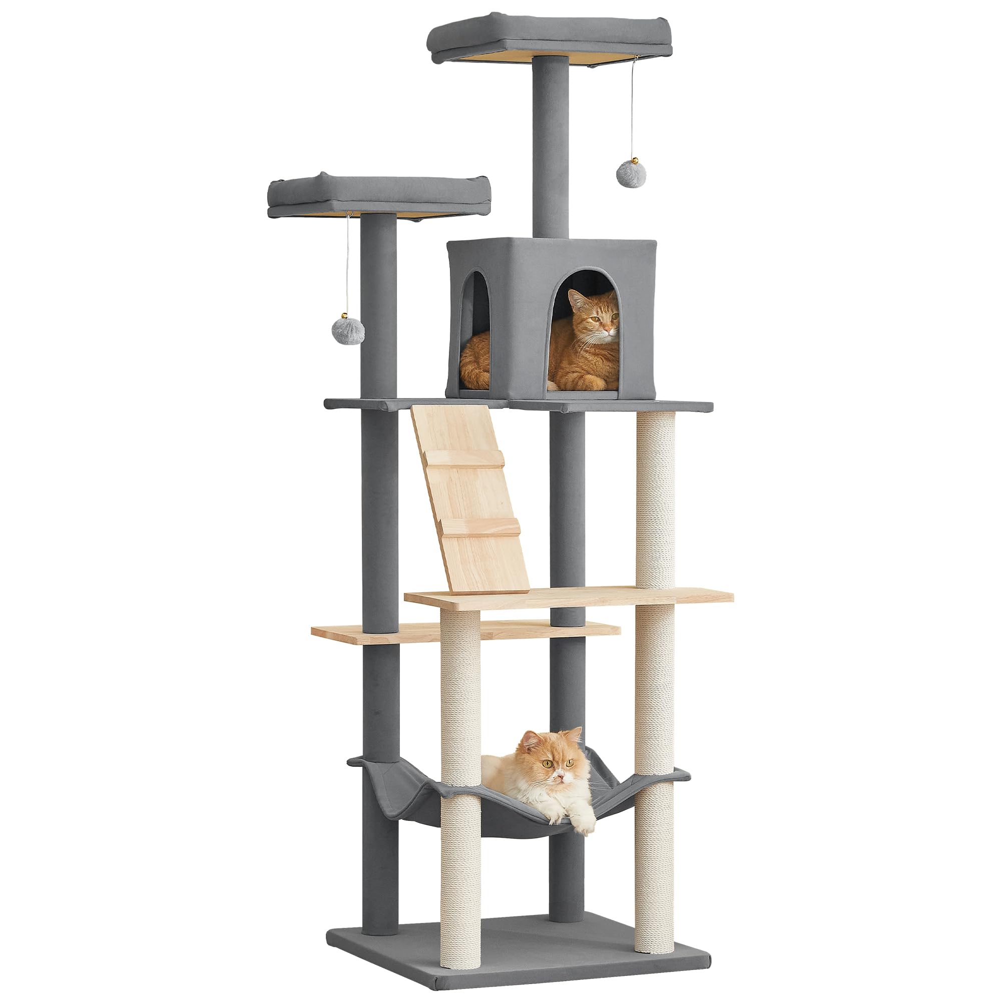 MWPO Large Modern Cat Tree, 70.1-Inch Wood Cat Tower for Indoor Cats, Multi-Level Tall Cat Condo with 2 Padded Perches, Hammock, Scratching Posts, Dangling Toys, Light Grey