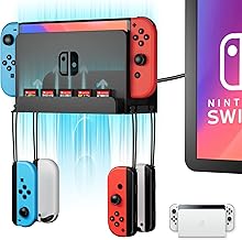 Wall Mount for Switch and Switch OLED, Metal Wall Mount Kit with 5 Game Cards Slots and 4 Joy Con Hooks, Back Airflow Gap Design, Safely Store Your Switch Console Near or Behind TV (Black)