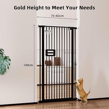 140CM Cat Gate Extra Tall Pet Gate, 75-82CM Wide Cat Dog Gate for Doorways& Stairs, Tall Cat Gate Metal Walk Through Auto Close 3.5CM Narrow Gap, Pressure Mounted No Drilling, Black