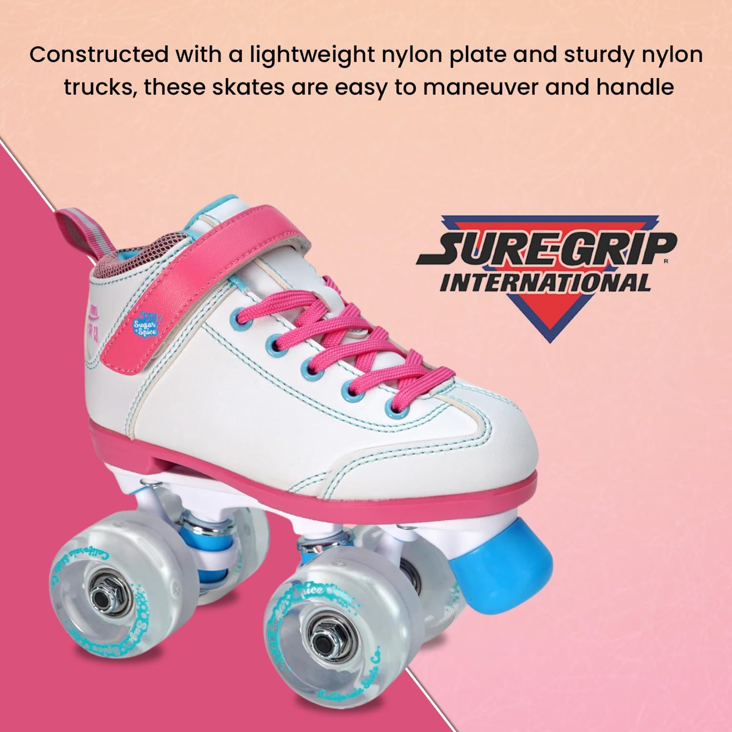 Sure-Grip Sugar & Spice Kids Roller Skates - Durable Vinyl Boot with Comfortable Padding - Features Indoor/Outdoor Light-Up Wheels - Lightweight Nylon Plate & Trucks - Available in Junior Sizes Only